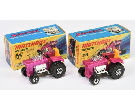 Matchbox Superfast 25b Mod Tractor pair (1) metallic candy pink body, yellow plastic seat, matt black base, 5-crown wheels to