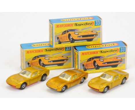 Matchbox Superfast 33a Lamborghini Miura group (1) metallic gold body, ivory interior, bare metal base, 5-spoke solid narrow 