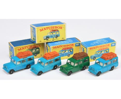 Matchbox Regular Wheels 12c Land Rover Safari group (1) green body, brown luggage, white interior, without lug (2) blue body 