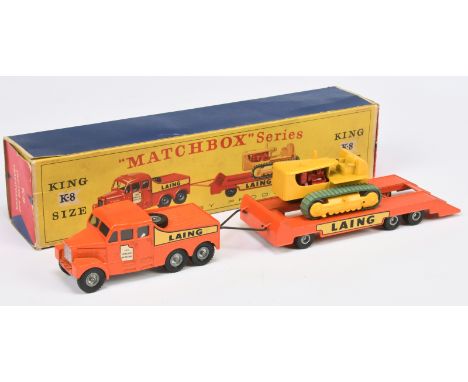 Matchbox King Size K8 Scammell Ballast Tractor &amp; Low Loader Trailer With Caterpillar Tractor Load - thick lettered "Laing