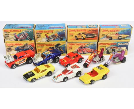 Matchbox Superfast group of Dragsters &amp; Motorcycles - to include 10b Piston Popper; 26b Big Banger Dragster with dark blu