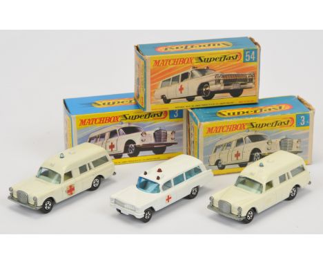 Matchbox Superfast Ambulance group (1) 3a Mercedes Benz Binz Ambulance - off white body with large red cross door labels, pal