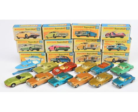 Matchbox Superfast Group of 1970s Cars To Include 25a Ford Cortina - Metallic blue body, 2 x 46a Mercedes - Gold body, cast s