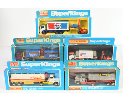 Matchbox Super Kings group of Trucks (1) K16 Ford LTS Articulated Shell Tanker white and yellow with door labels, dark green 
