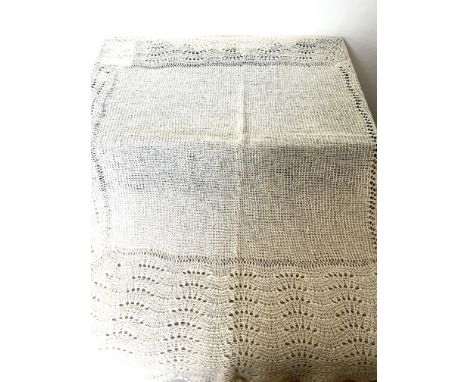 KNITTED CHRISTENING SHAWL APPROX 125cm SQUARE PLUS ANOTHER SILK CHRISTENING SHAWL, FOLD SPLITS APPROX 135cm SQUARE