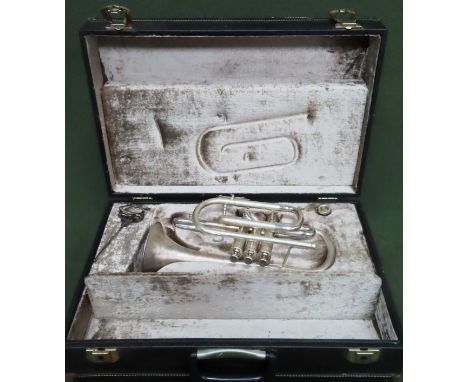 Boosey and Hawkes silver plated satin finish cornet, in original carry case
in reasonable condition. needs a clean up