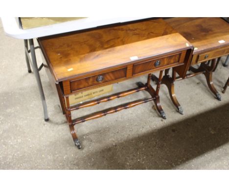 A reproduction mahogany drop leaf sofa table fitted two drawers 