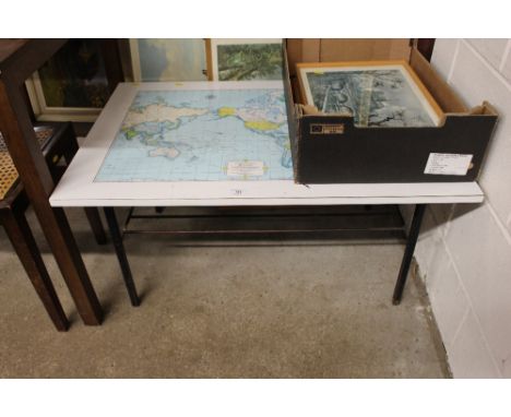 An oblong topped coffee table depicting a map of the world 