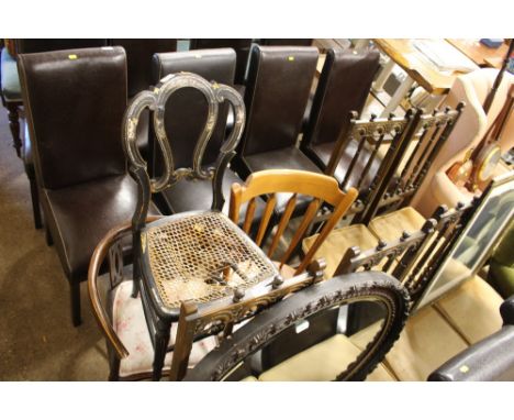 A Victorian papier maché and mother of pearl inlaid chair for restoration; together with an Edwardian mahogany corner chair 