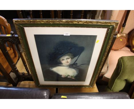 A coloured portrait print depicting a lady wearing a hat