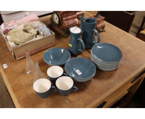 A quantity of Poole pottery "Blue Moon" china and two glass epergne flutes 