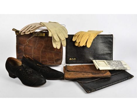 A selection of ladies vintage bags,  including four leather clutches and an alligator skin handbag AF, together with a pair o