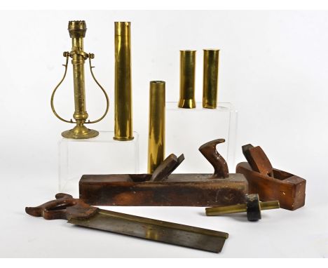A collection of brassware and tools, including a gimbal lamp, brass marking gauge, saw and more (parcel)