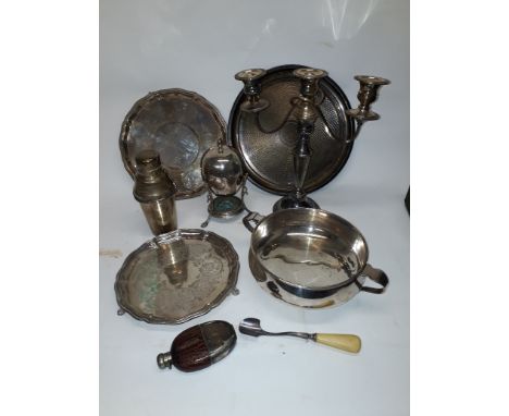 Edwardian and Later Silver Plate, various items including a leather cased hip flask, foliate chased piecrust edge salver with