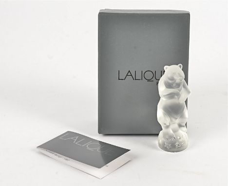 A 20th Century Lalique crystal performing bear, modelled dancing on a starry ball, with a satin finish, height 7.5cm, in the 