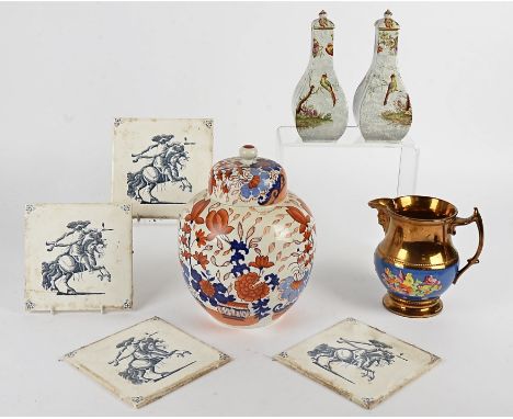 A Masons ironstone ginger jar in the Imari palette,  together with a pair of Masons covered vases with birds, a/f, several ch