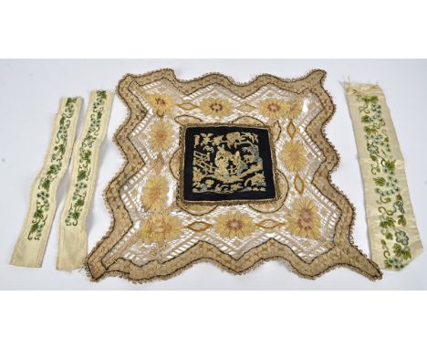 Three 19th Century Chinese silk sleeve cloths, embroidered with scrolling vines and flowers in peking stitches upon a cream g