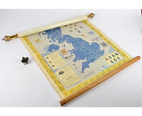 Two commemorative posters on wood and metal supports one with hallmarked silver mounts,  the ends of the top of the scroll su
