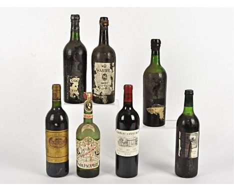 Seven bottles of wine and port, including a bottle of Warres 1960 Vintage Port and one other, a 2003 Chateau D'Angludet Marga