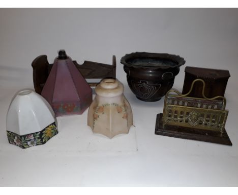 Edwardian and Later Art Nouveau Metalware Glass Shades and Treen, an Art Nouveau decorated copper jardinière 18cm high, Edwar