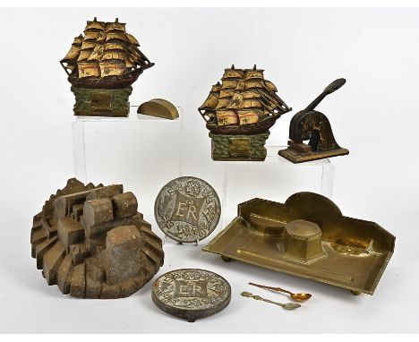 A pair of Victorian brass 'Cutty Sark' book ends, each modelled as the ship, with the poem of Ella Wheeler-Wilcox below, heig