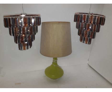 1960s Table Lamp and Ceiling Lights, a green glass table lamp with original shade (43cm high) working at time of cataloguing,