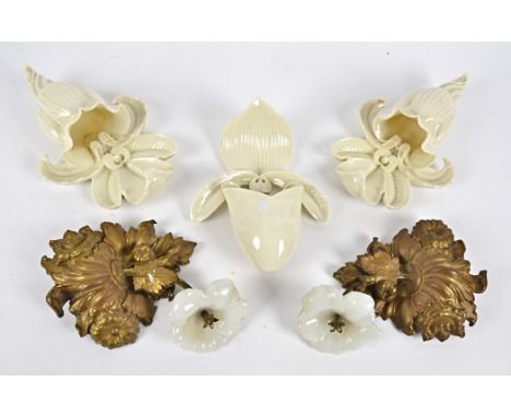 A pair of French ormolu wall sconces, modelled as a flower emerging from shrubs, height 22cm, together with three 19th Centur