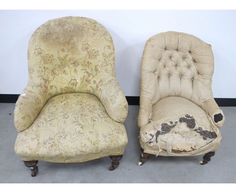 Two Victorian button-back chairs, one with beige floral upholstery, both raised on turned walnut supports, with ceramic casto