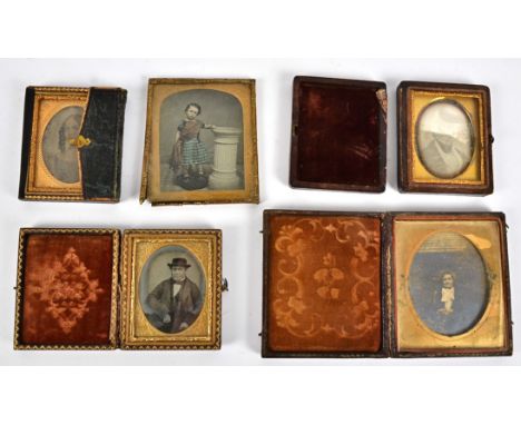 A Daguerreotype of a miniature portrait of a gentleman,  together with four ambrotypes, one tinted example, the cases a/f (5)