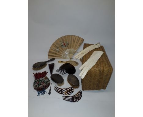 Ladies Accoutrements, various items contained in a linen basket with lid, including a floral beadwork purse, leather case of 