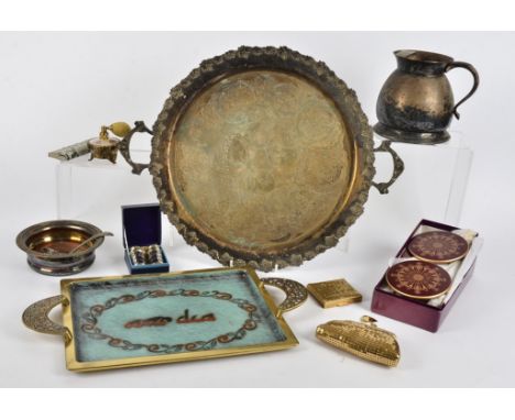 A collection of silver plate, including dishes, bowls and platters, together with a brass twin handled tray, boxed set of Asp
