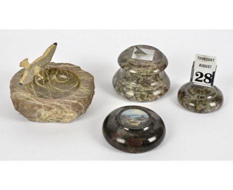 A serpentine stone perpetual calendar,  together with a dish with a cold painted seagull, sundial and paperweight of Mynack C