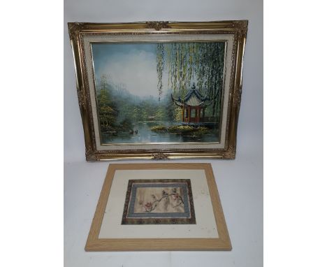 Oriental Silk Panel and Oriental Pictures, a group of five comprising a framed embroidered silk panel depicting a bird and bl