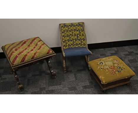 A walnut X frame stool,  with drop in seat and bobbin moulding a/f, together with a satin walnut gout stool, and mahogany sha