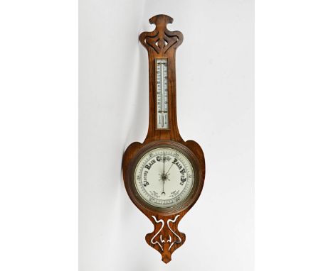 An oak aneroid barometer,  length 88cm, together with a walnut hall clock, with enamel dial, pendulum and Roman numerals, len