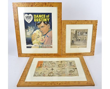 Six magazine prints and artwork, consisting of a pencil and watercolour sketch titled 'The Eton Game of Fives', 20.5cm x 17cm