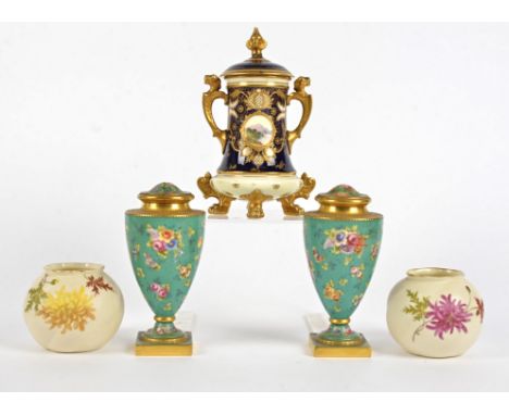 A pair of Grainger & Co Worcester porcelain blush ivory posy vases, decorated with floral design, heightened in gilt, printed