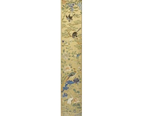 A Chinese satin stitch panel,  depicting birds and flowers, framed and glazed, internal dimensionsn 52cm x 9.5cm