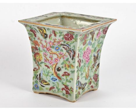 A 19th Century Chinese Famille Rose square planter, polychrome decoration of butterflies, insects and flowers, on bracket fee