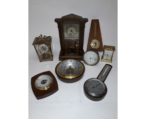 1920s and Later Clocks and Barometers, an oak cased 1920s single train mantel clock and brass cased barometer by PHB, 1930s a