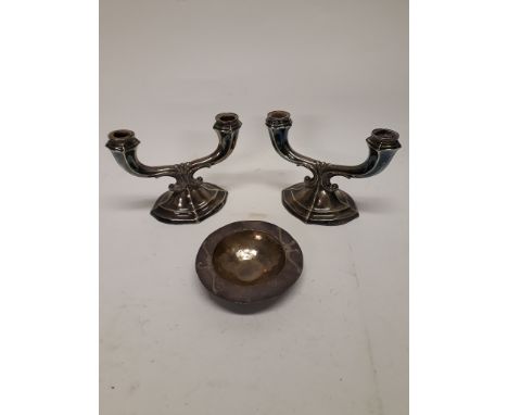 Silver Candelabra and Small Bowl, a pair of continental sterling silver 925 twin branch candelabra (13cm high) and an Arts an
