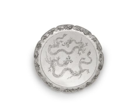 A Chinese export silver trayLuen Hing, stamped LH90 and character mark, circa 1900Circular form, thee raised petalled rim wit