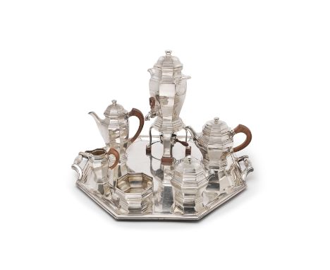 An Art Deco French silver five-piece tea and coffee service, together with a matching electroplated samovar and traywith firs