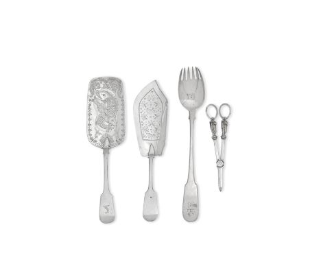 A collection of silver flatware itemsvarious makers and datesComprising: an Irish silver Fiddle pattern fish slice, Laurence 