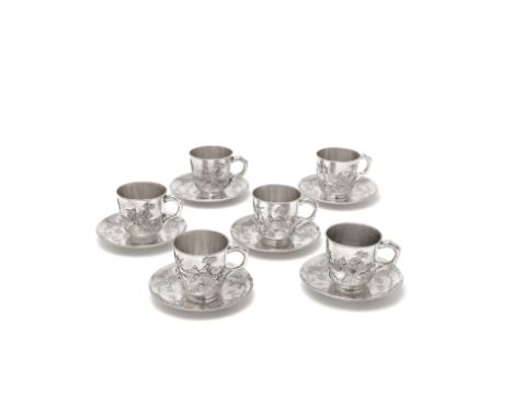 A set of six Chinese export silver cups and saucerscups only with character mark, also with French  swan import mark, circa 1