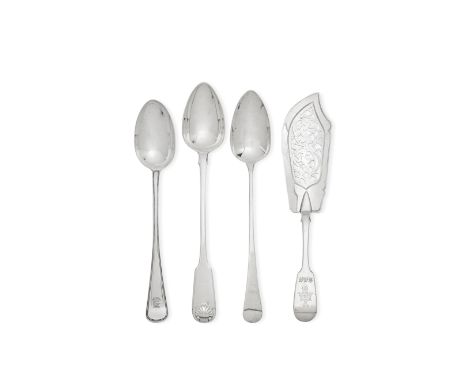 A collection of silver flatwareComprising: a Fiddle and Shell pattern basting spoon, John Walton, Newcastle 1824, with shell 