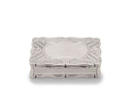 A Victorian silver snuff boxEdward Barnett, Birmingham 1848 Shaped-rectangular form, with hinged cover centred by a vacant ca