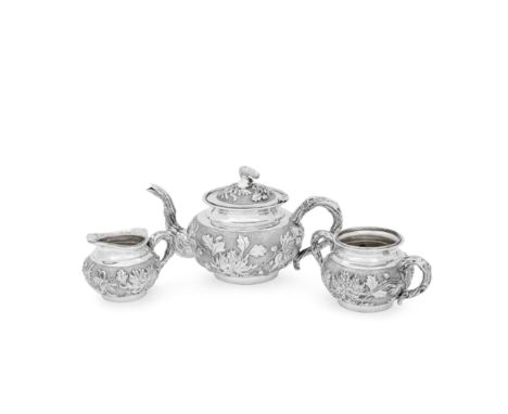 A Chinese export silver three-piece tea serviceSunshing, also stamped 90 and with character mark, circa 1900Compressed globul