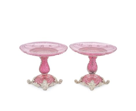 HISTORICAL IMPERIAL RUSSIAN: a pair of silver-mounted ruby glass dessert tazzas from the dowry of Grand Duchess Olga Nikolaev