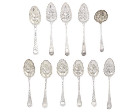 A collection of ten George II/III silver 'berry' spoons and ladlevarious maker's and dates All later chased, comprising: a gr